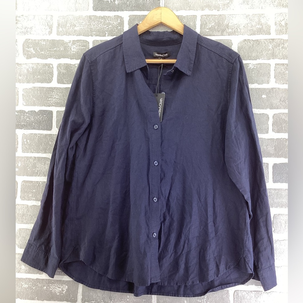 NWT Needle & Cloth‎ Navy button Front shirt long sleeve linen blend Size Large